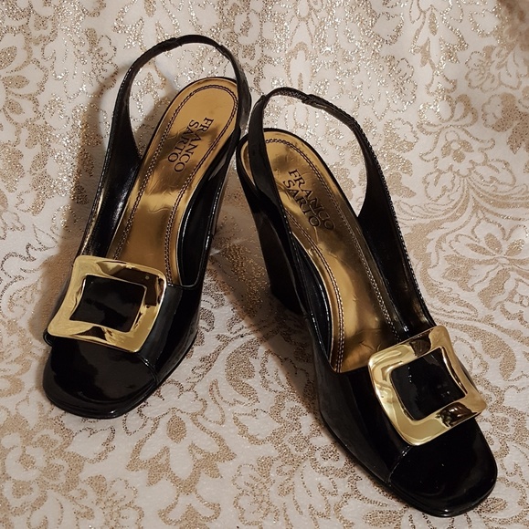 Escarpements à Talon Compensé 3 Pouces Franco Sarto - Noir Vernis, Bride Cheville, Taille 8.5 US Largeur M